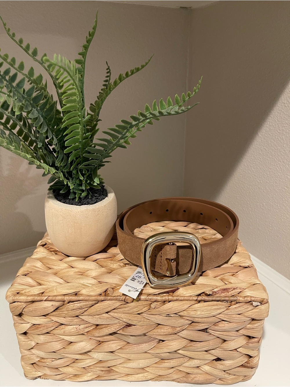 Madewell Tan Suede Belt with Rounded Gold Buckle